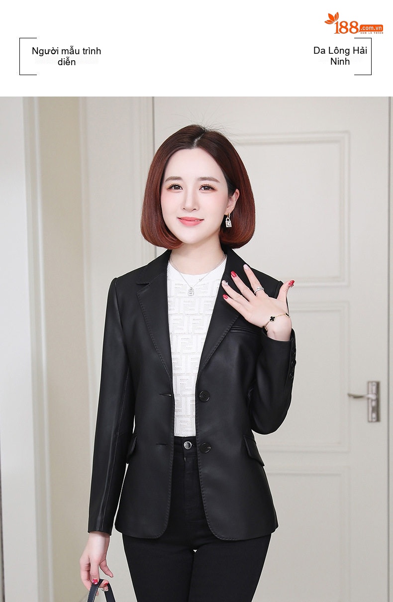 Áo Khoác Da Nữ Da Cừu Dáng Vest Ôm Eo Màu Đen chi tiết 4