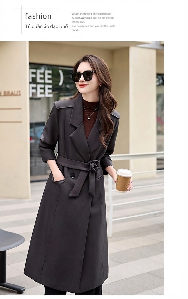 Áo Khoác Dạ Nữ Dáng Dài Cổ chữ Vest Hai Hàng Khuy Thắt Eo Phong Cách Hàn Quốc Màu Đen chi tiết 19