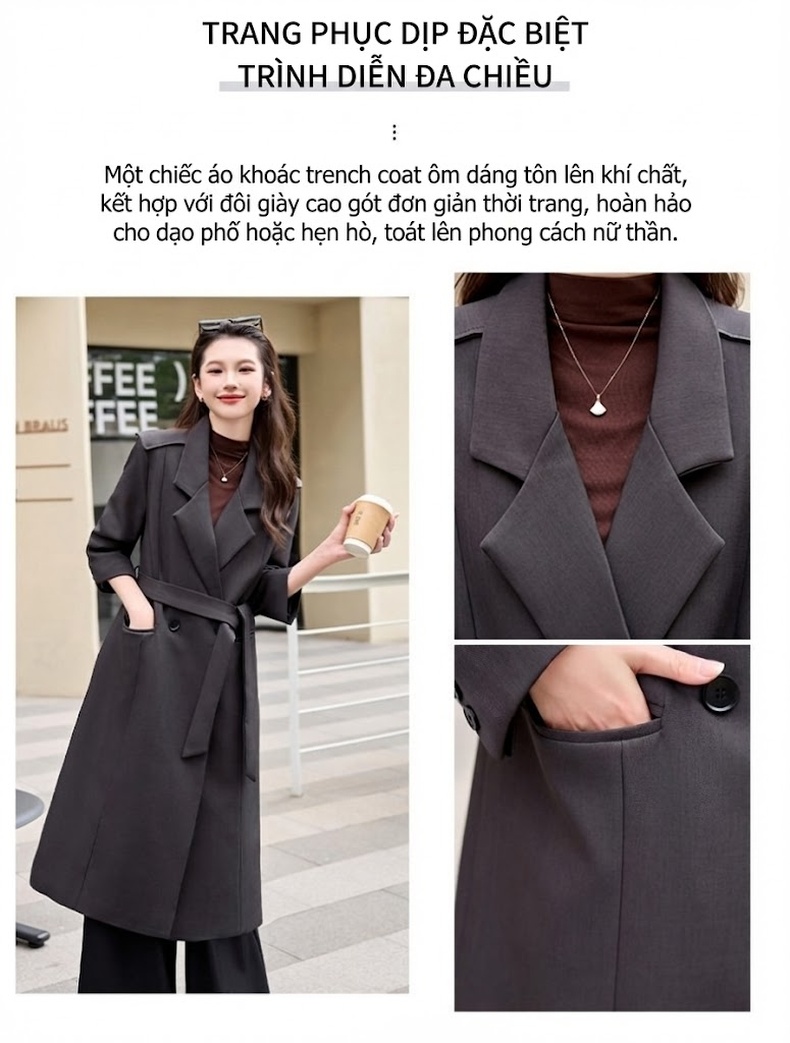 Áo Khoác Dạ Nữ Dáng Dài Cổ chữ Vest Hai Hàng Khuy Thắt Eo Phong Cách Hàn Quốc Màu Đen chi tiết 3
