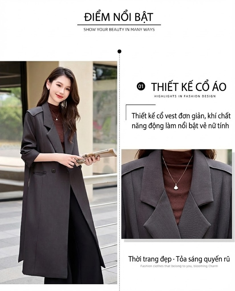 Áo Khoác Dạ Nữ Dáng Dài Cổ chữ Vest Hai Hàng Khuy Thắt Eo Phong Cách Hàn Quốc Màu Đen chi tiết 4
