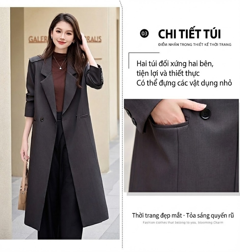 Áo Khoác Dạ Nữ Dáng Dài Cổ chữ Vest Hai Hàng Khuy Thắt Eo Phong Cách Hàn Quốc Màu Đen chi tiết 6