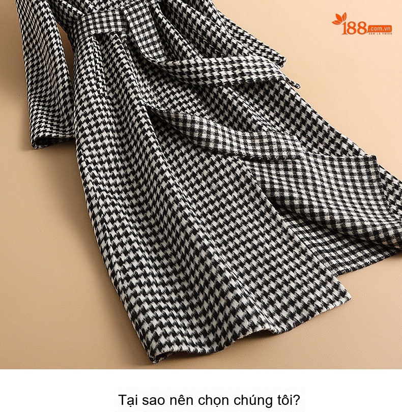Áo Khoác Dạ Nữ Dáng Dài Hai Mặt Họa Tiết Houndstooth Form Rộng Thắt Eo Phong Cách Hàn Quốc chi tiết 1