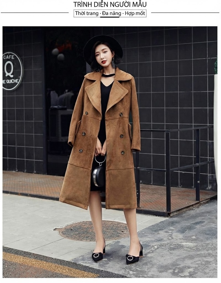 Áo Khoác Dạ Nữ Dáng Dài Kaki Suede Hai Hàng Cúc Phong Cách Hàn Quốc chi tiết 9