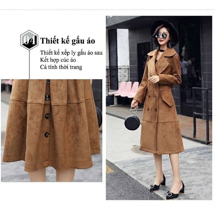 Áo Khoác Dạ Nữ Dáng Dài Kaki Suede Hai Hàng Cúc Phong Cách Hàn Quốc chi tiết 7