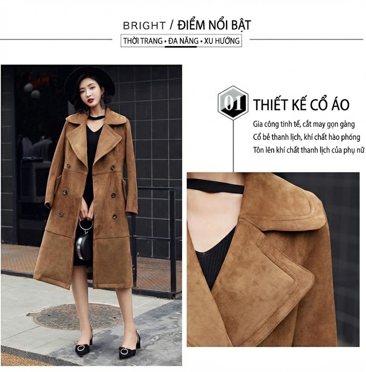 Áo Khoác Dạ Nữ Dáng Dài Kaki Suede Hai Hàng Cúc Phong Cách Hàn Quốc chi tiết 4