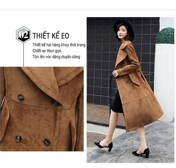 Áo Khoác Dạ Nữ Dáng Dài Kaki Suede Hai Hàng Cúc Phong Cách Hàn Quốc chi tiết 5