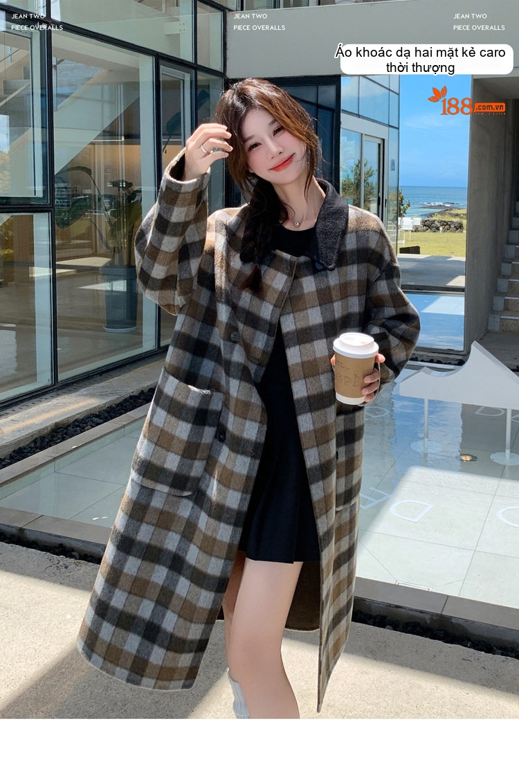 Áo Khoác Dạ Nữ Dáng Dài Vừa Họa Tiết Kẻ Ca Rô Phong Cách Retro chi tiết 2