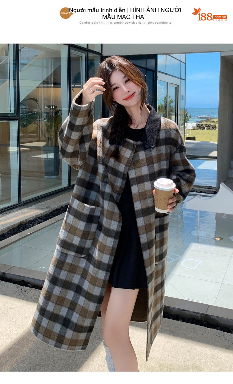 Áo Khoác Dạ Nữ Dáng Dài Vừa Họa Tiết Kẻ Ca Rô Phong Cách Retro chi tiết 11