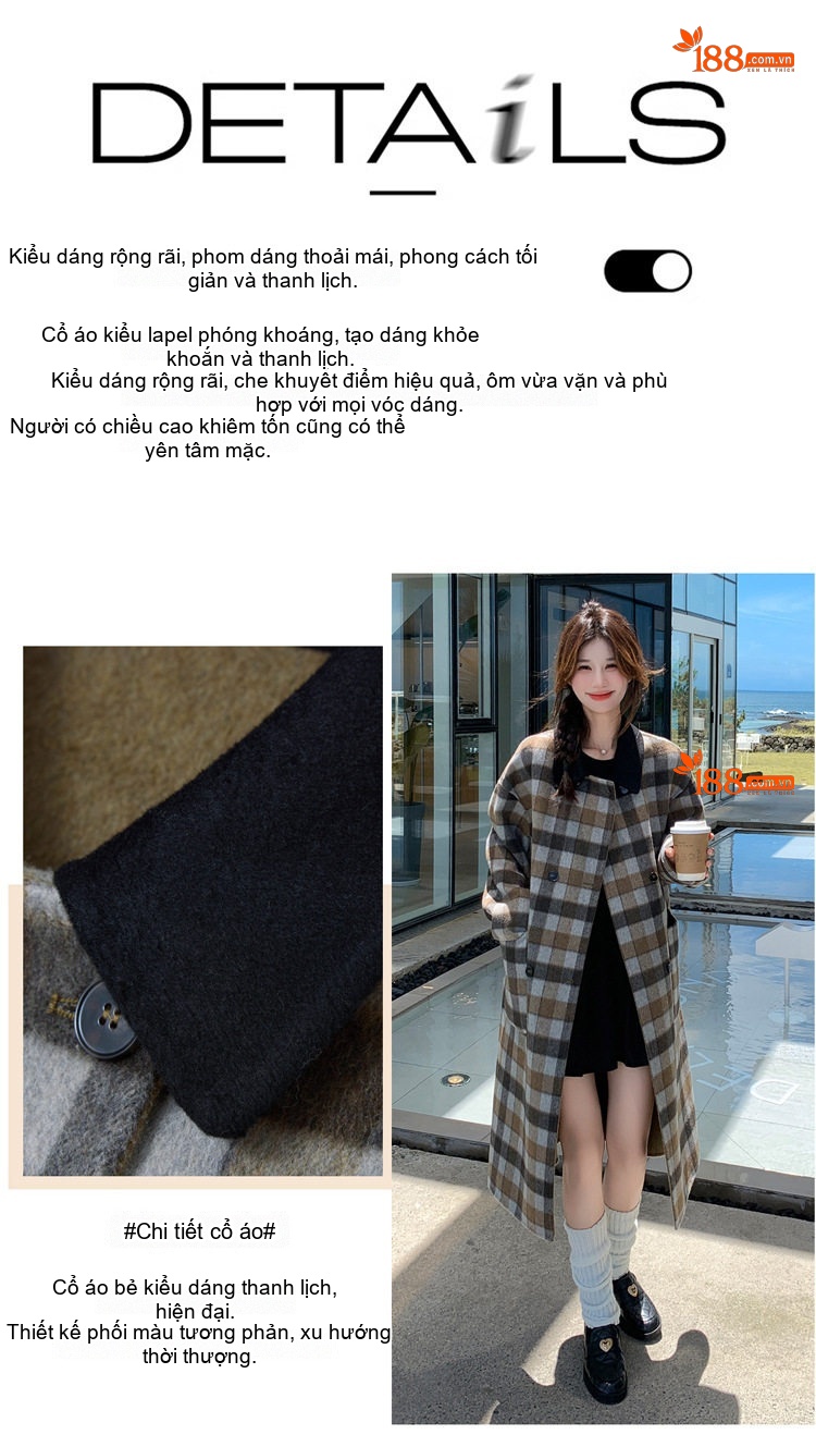 Áo Khoác Dạ Nữ Dáng Dài Vừa Họa Tiết Kẻ Ca Rô Phong Cách Retro chi tiết 6