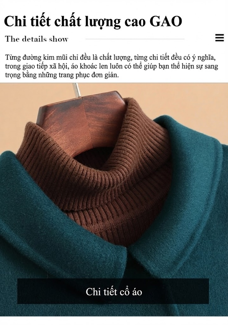 Áo Khoác Dạ Nữ Hai Mặt Dáng Dài Trung Niên Size Lớn Chất Liệu Lông Cừu Hai Mặt Màu Xanh Navy, Đỏ Rượu, Xám, Nâu... chi tiết 17