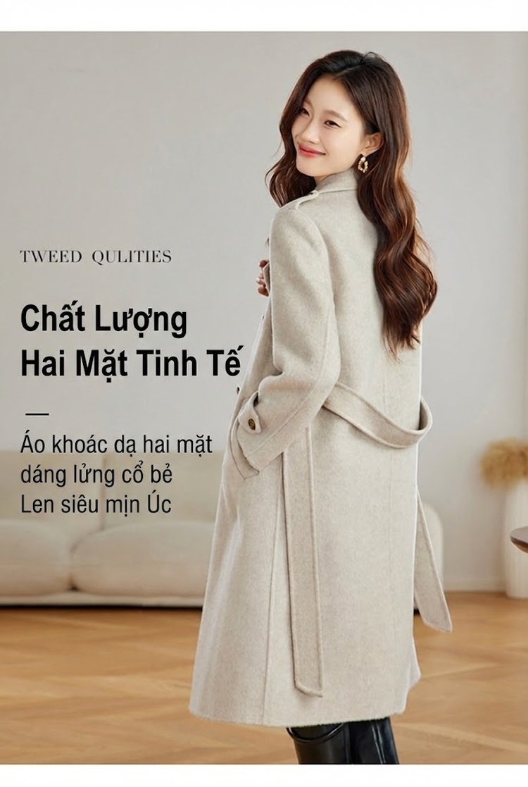 Áo Khoác Dạ Nữ Hai Mặt Dáng Dài Vừa Phong Cách Thu Đông Màu Đen, Nâu, Kem chi tiết 11