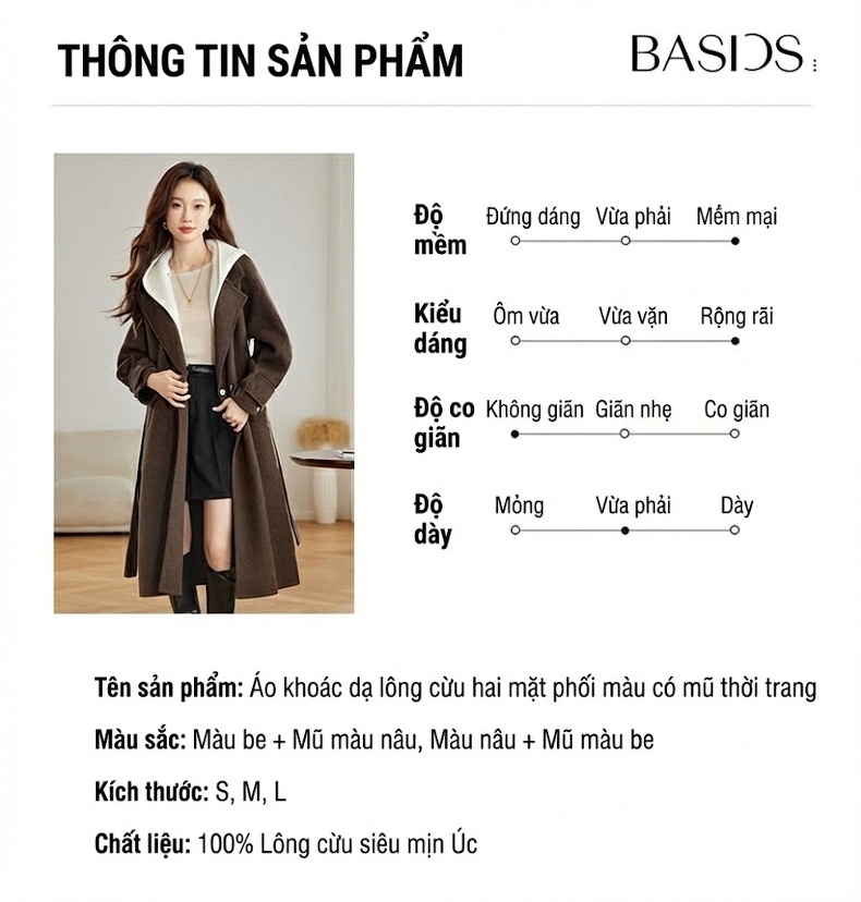 Áo Khoác Dạ Nữ Hai Mặt Lông Cừu Có Mũ Dáng Dài Thắt Đai Phong Cách Thu Đông Màu Nâu, Trắng chi tiết 11
