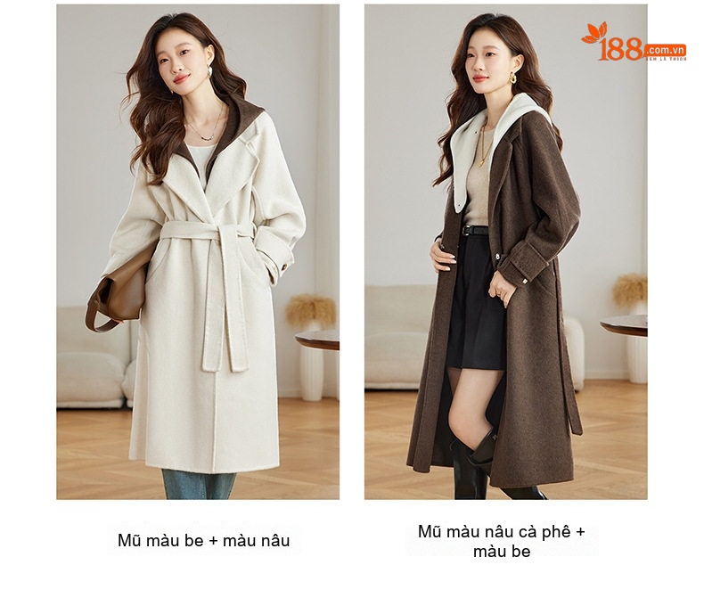 Áo Khoác Dạ Nữ Hai Mặt Lông Cừu Có Mũ Dáng Dài Thắt Đai Phong Cách Thu Đông Màu Nâu, Trắng chi tiết 13