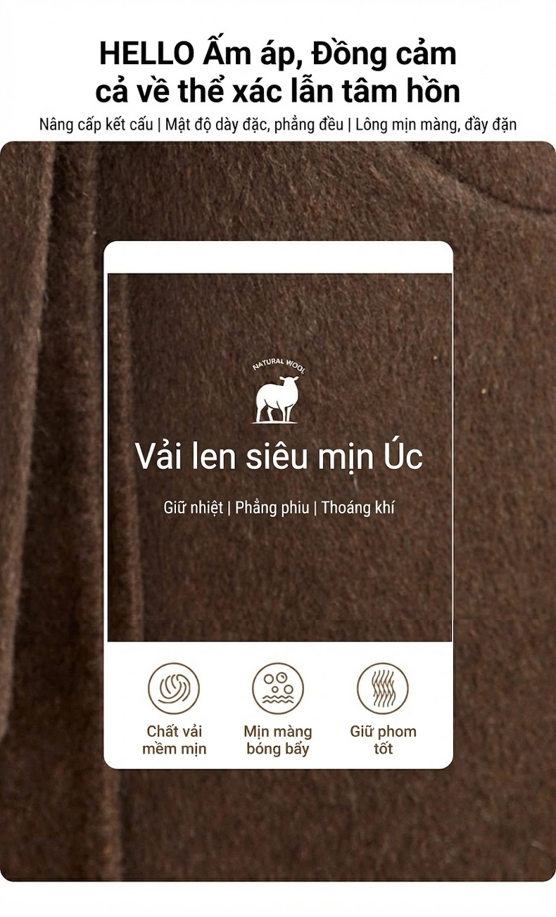 Áo Khoác Dạ Nữ Hai Mặt Lông Cừu Có Mũ Dáng Dài Thắt Đai Phong Cách Thu Đông Màu Nâu, Trắng chi tiết 6