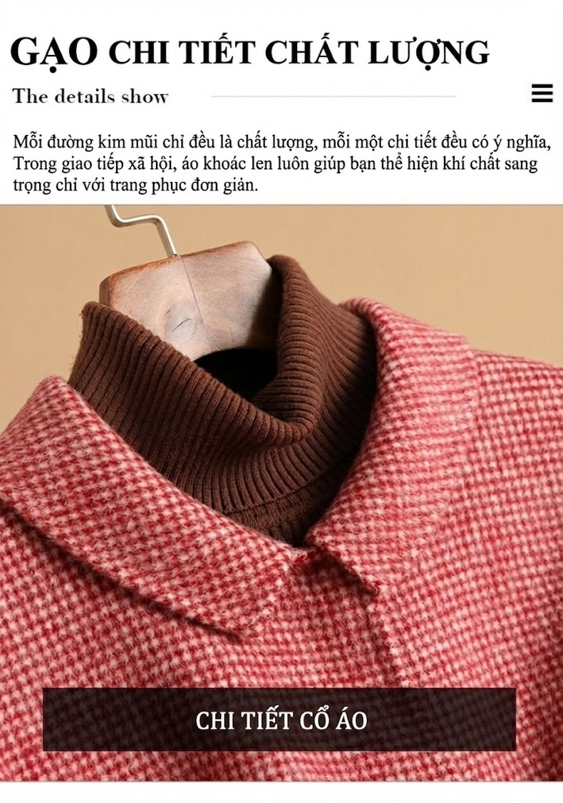 Áo Khoác Dạ Nữ Hai Mặt Lông Cừu Dáng Dài Họa Tiết Chân Chim Phong Cách Cape Màu Xám chi tiết 13