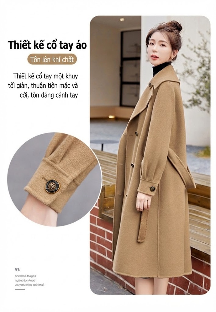 Áo Khoác Dạ Nữ Hai Mặt Lông Cừu Dáng Dài Phong Cách Anh Quốc Màu Đen, Be, Xanh Olive chi tiết 5