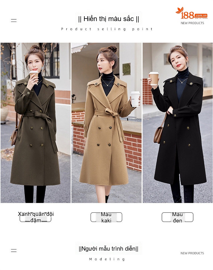 Áo Khoác Dạ Nữ Hai Mặt Lông Cừu Dáng Dài Phong Cách Anh Quốc Màu Đen, Be, Xanh Olive chi tiết 11