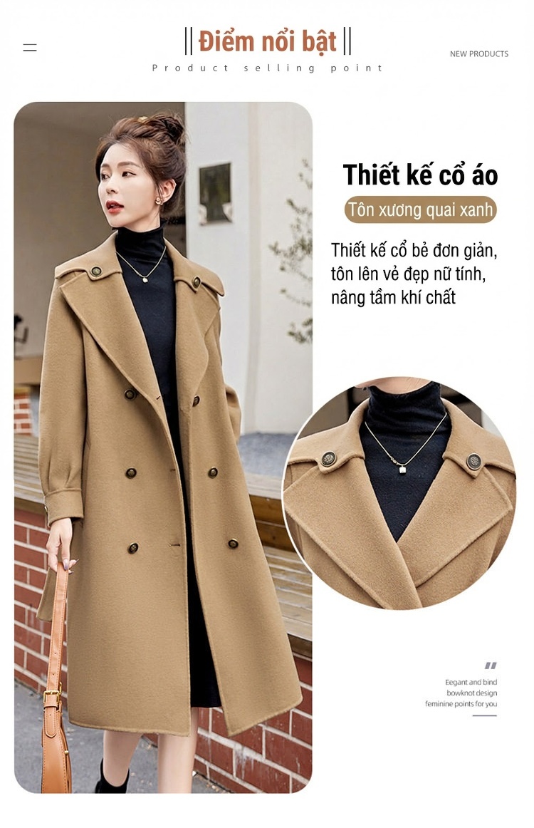 Áo Khoác Dạ Nữ Hai Mặt Lông Cừu Dáng Dài Phong Cách Anh Quốc Màu Đen, Be, Xanh Olive chi tiết 4
