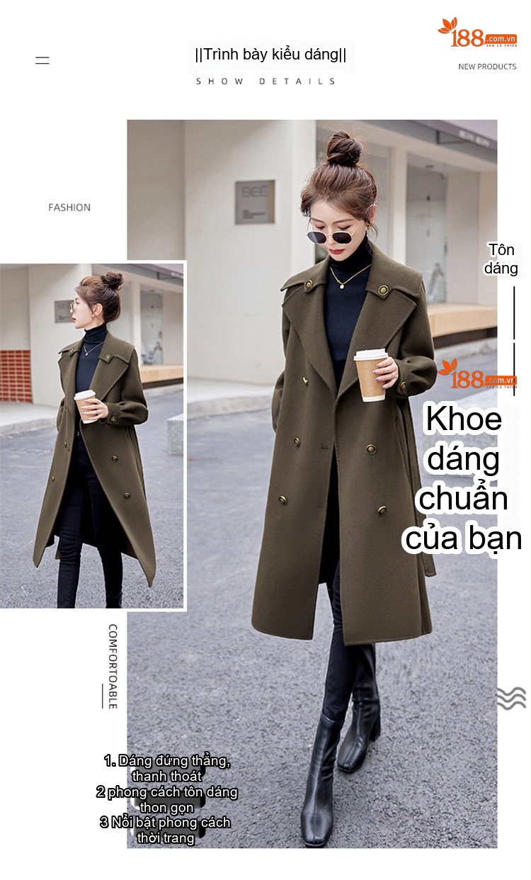 Áo Khoác Dạ Nữ Hai Mặt Lông Cừu Dáng Dài Phong Cách Anh Quốc Màu Đen, Be, Xanh Olive chi tiết 6