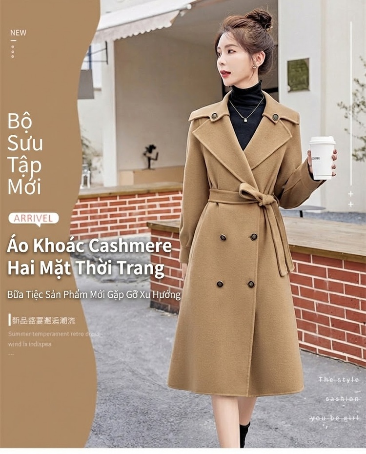 Áo Khoác Dạ Nữ Hai Mặt Lông Cừu Dáng Dài Phong Cách Anh Quốc Màu Đen, Be, Xanh Olive chi tiết 1