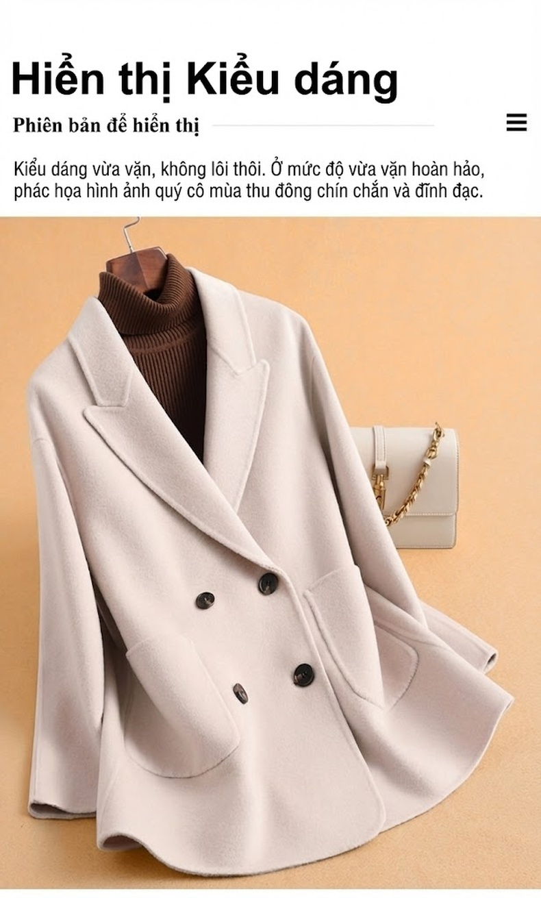 Áo Khoác Dạ Nữ Hai Mặt Lông Cừu Dáng Rộng Cúc Đôi Màu Trắng Kem, Đen, Nâu chi tiết 5