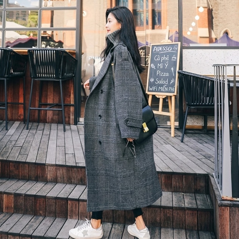 Áo Khoác Dạ Nữ Kẻ Ô Dáng Dài Hàn Quốc Form Rộng Phong Cách Chic Màu Xám