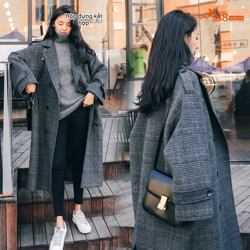 Áo Khoác Dạ Nữ Kẻ Ô Dáng Dài Hàn Quốc Form Rộng Phong Cách Chic Màu Xám
