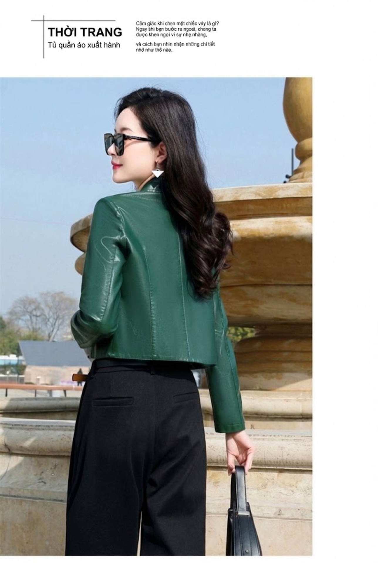 Áo Khoác Da Nữ Kiểu Hàn Quốc Dáng Ngắn Ôm Eo Da Bóng Màu Đen, Xanh Lá, Nâu chi tiết 21
