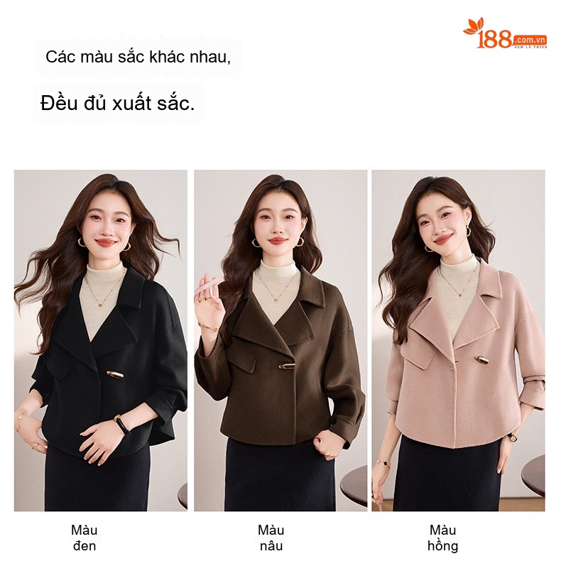 Áo Khoác Dạ Nữ Lông Cừu Cashmere Kiểu Tiểu Thư Cúc Bấm Dáng Ngắn Màu Hồng, Nâu, Đen chi tiết 4