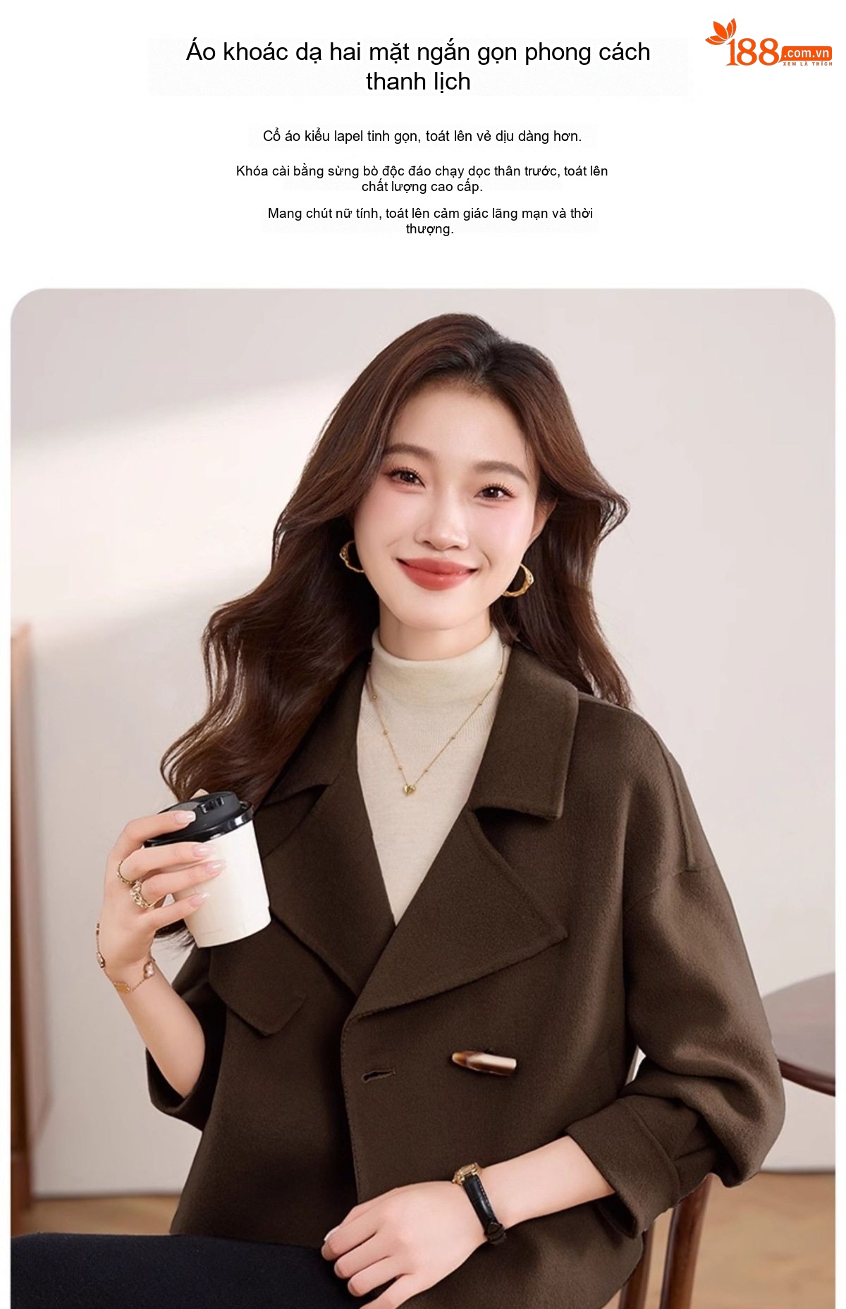 Áo Khoác Dạ Nữ Lông Cừu Cashmere Kiểu Tiểu Thư Cúc Bấm Dáng Ngắn Màu Hồng, Nâu, Đen chi tiết 11