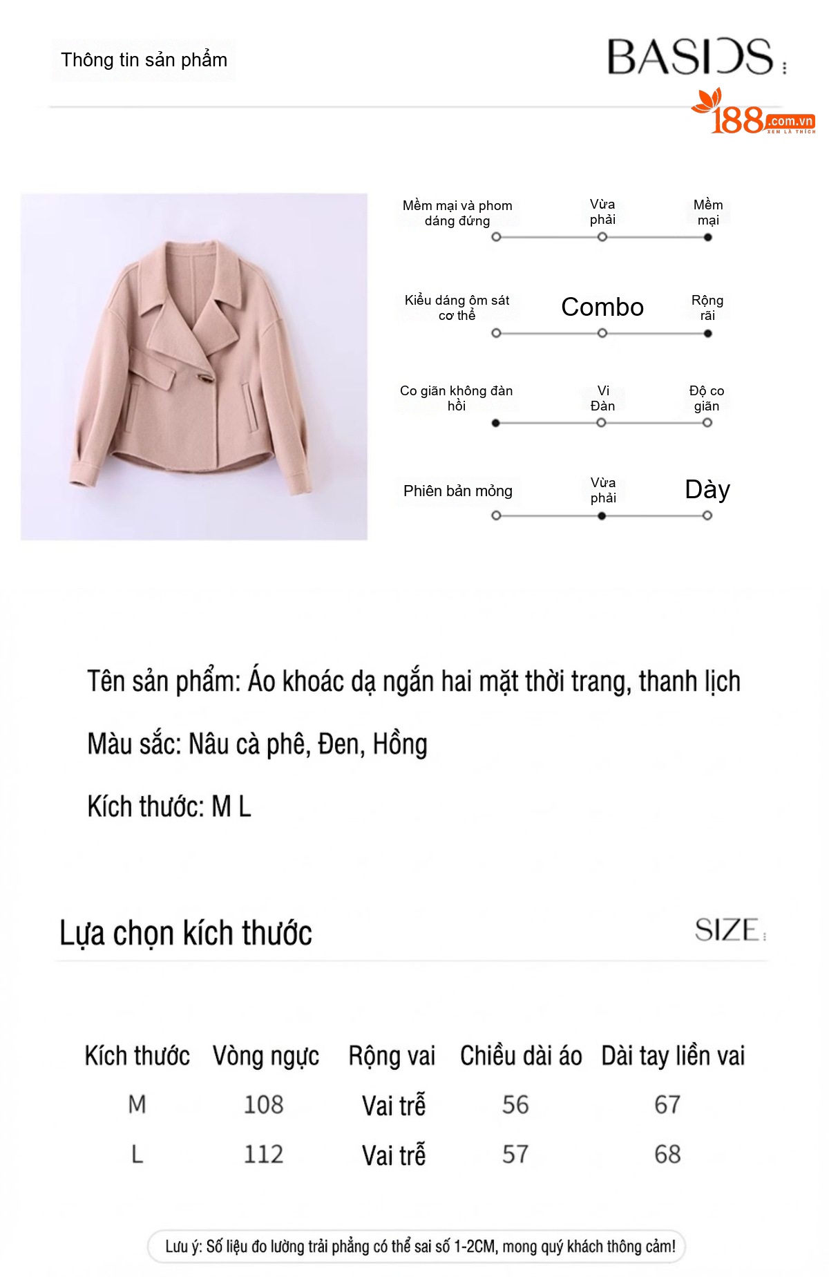 Áo Khoác Dạ Nữ Lông Cừu Cashmere Kiểu Tiểu Thư Cúc Bấm Dáng Ngắn Màu Hồng, Nâu, Đen chi tiết 2