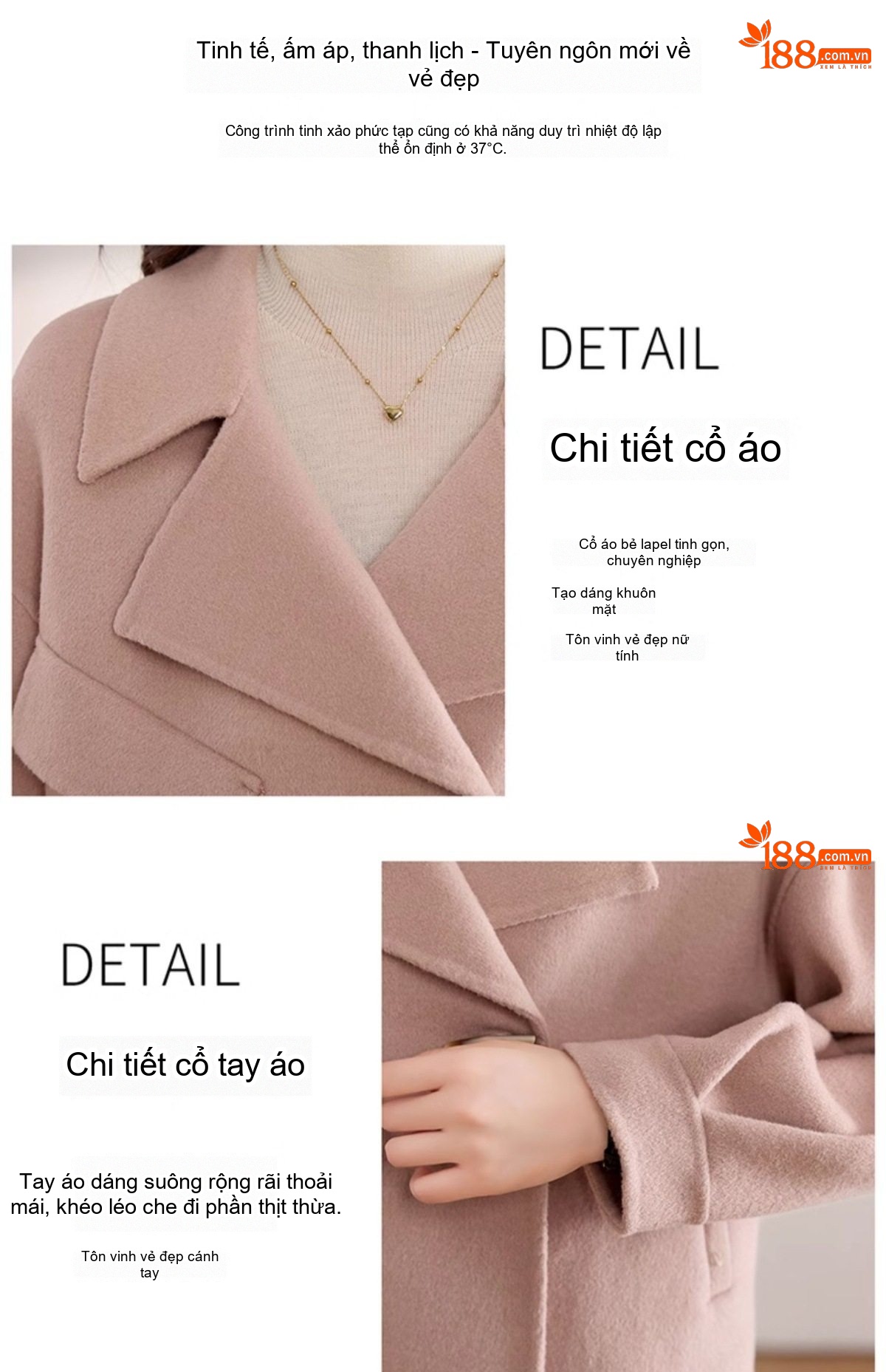 Áo Khoác Dạ Nữ Lông Cừu Cashmere Kiểu Tiểu Thư Cúc Bấm Dáng Ngắn Màu Hồng, Nâu, Đen chi tiết 7