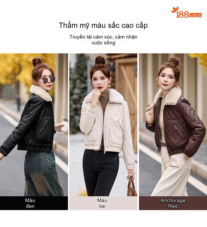 Áo Khoác Da Nữ Lót Lông Cổ Lớn Dáng Ngắn Thời Trang Màu Đen, Nâu chi tiết 4