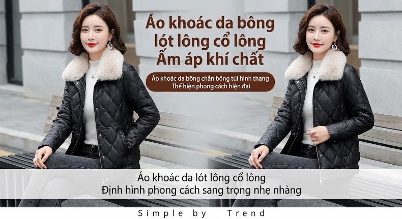 Áo Khoác Da Nữ Lót Lông Cổ Lớn Dáng Ngắn Thời Trang Màu Đen, Nâu chi tiết 6