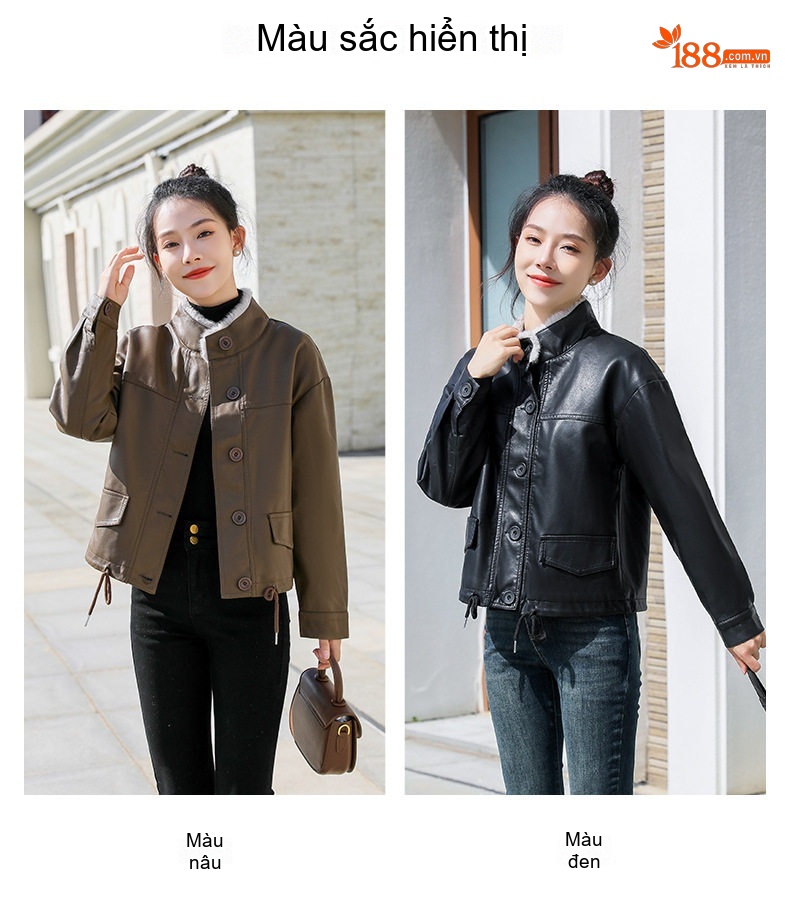 Áo Khoác Da Nữ Lót Lông Ngắn Tay Dáng Nhỏ Cổ Trụ Màu Đen, Nâu chi tiết 12