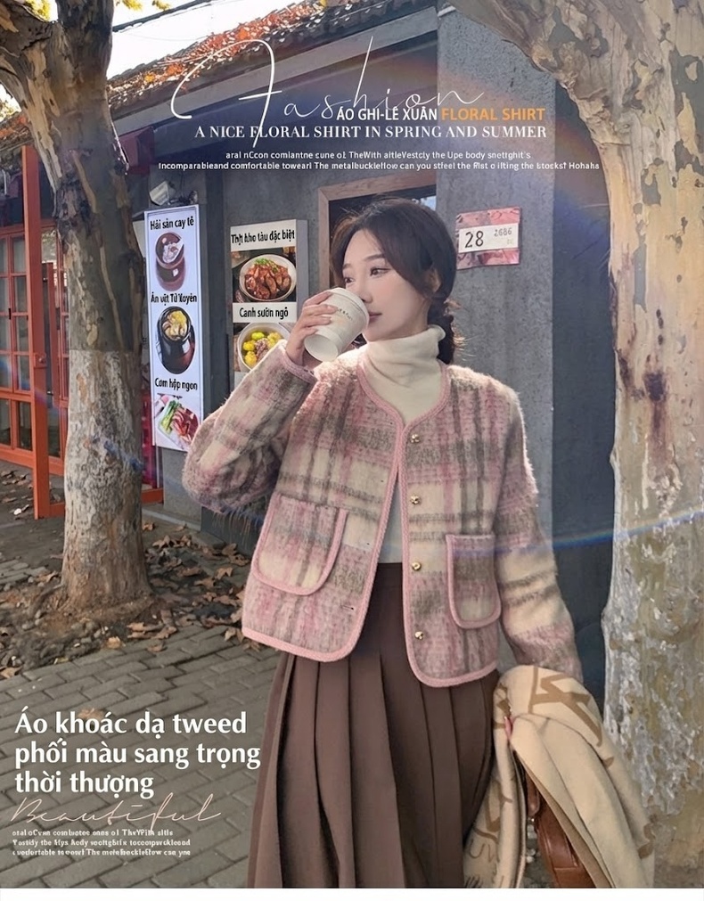 Áo Khoác Dạ Nữ Lót Lông Vũ Ngắn Dáng Ôm Mùa Đông Màu Hồng, Be chi tiết 1