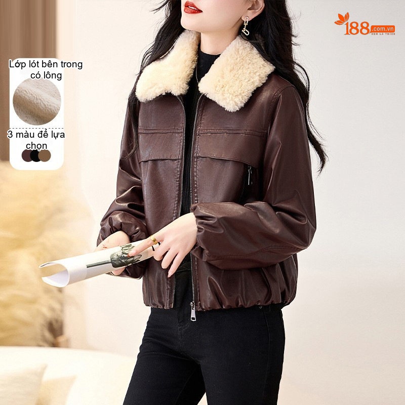 Áo Khoác Da PU Lót Lông Cừu Dày Dặn Cổ Lông Kiểu Motor Màu Nâu, Đen, Xám