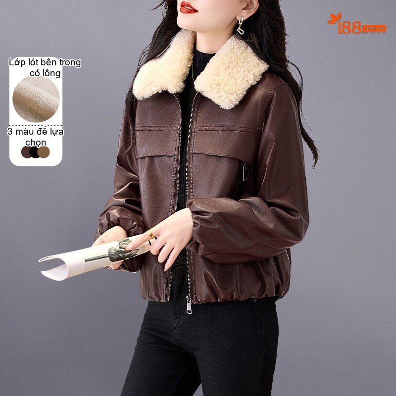 Áo Khoác Da PU Lót Lông Cừu Dày Dặn Cổ Lông Kiểu Motor Màu Nâu, Đen, Xám