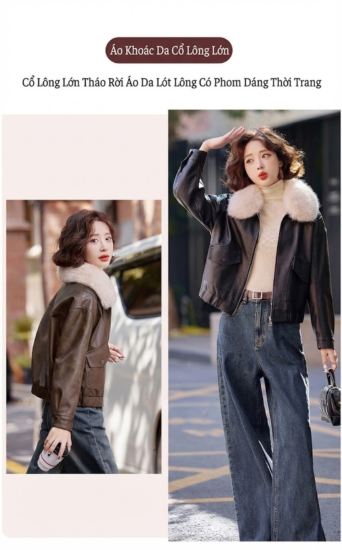 Áo Khoác Da PU Lót Lông Dày Dặn Cổ Lông Kiểu Bomber Màu Nâu, Đen chi tiết 9