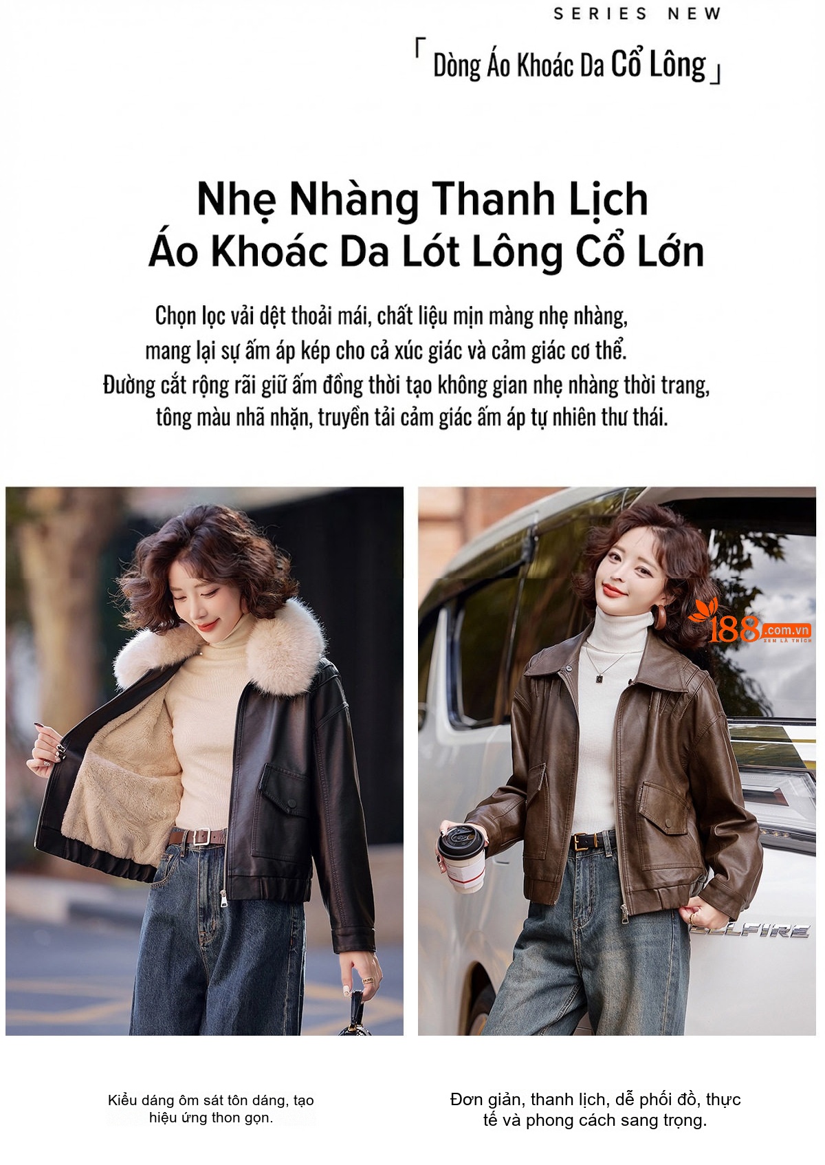 Áo Khoác Da PU Lót Lông Dày Dặn Cổ Lông Kiểu Bomber Màu Nâu, Đen chi tiết 3