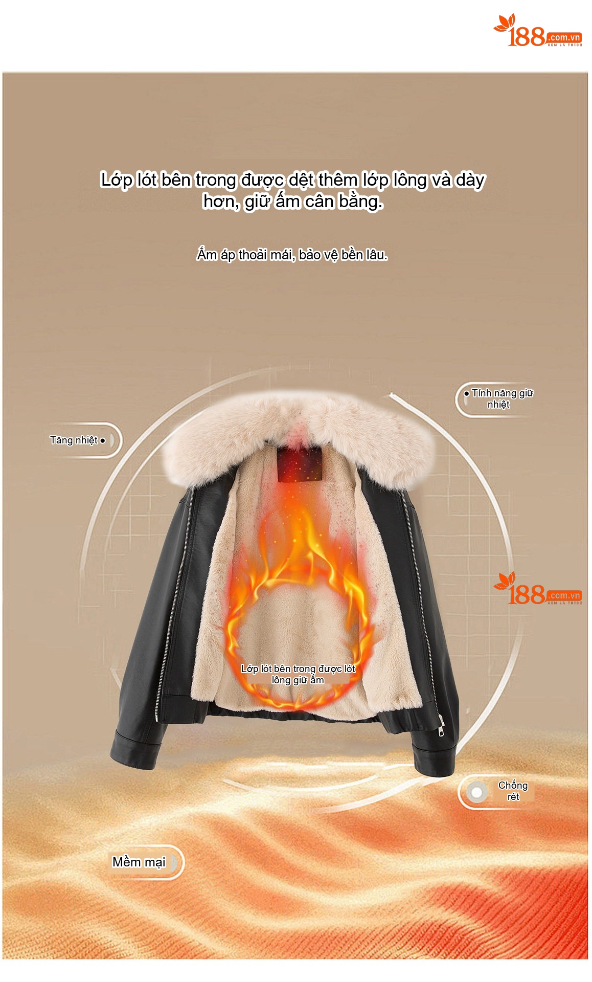 Áo Khoác Da PU Lót Lông Dày Dặn Cổ Lông Kiểu Bomber Màu Nâu, Đen chi tiết 4