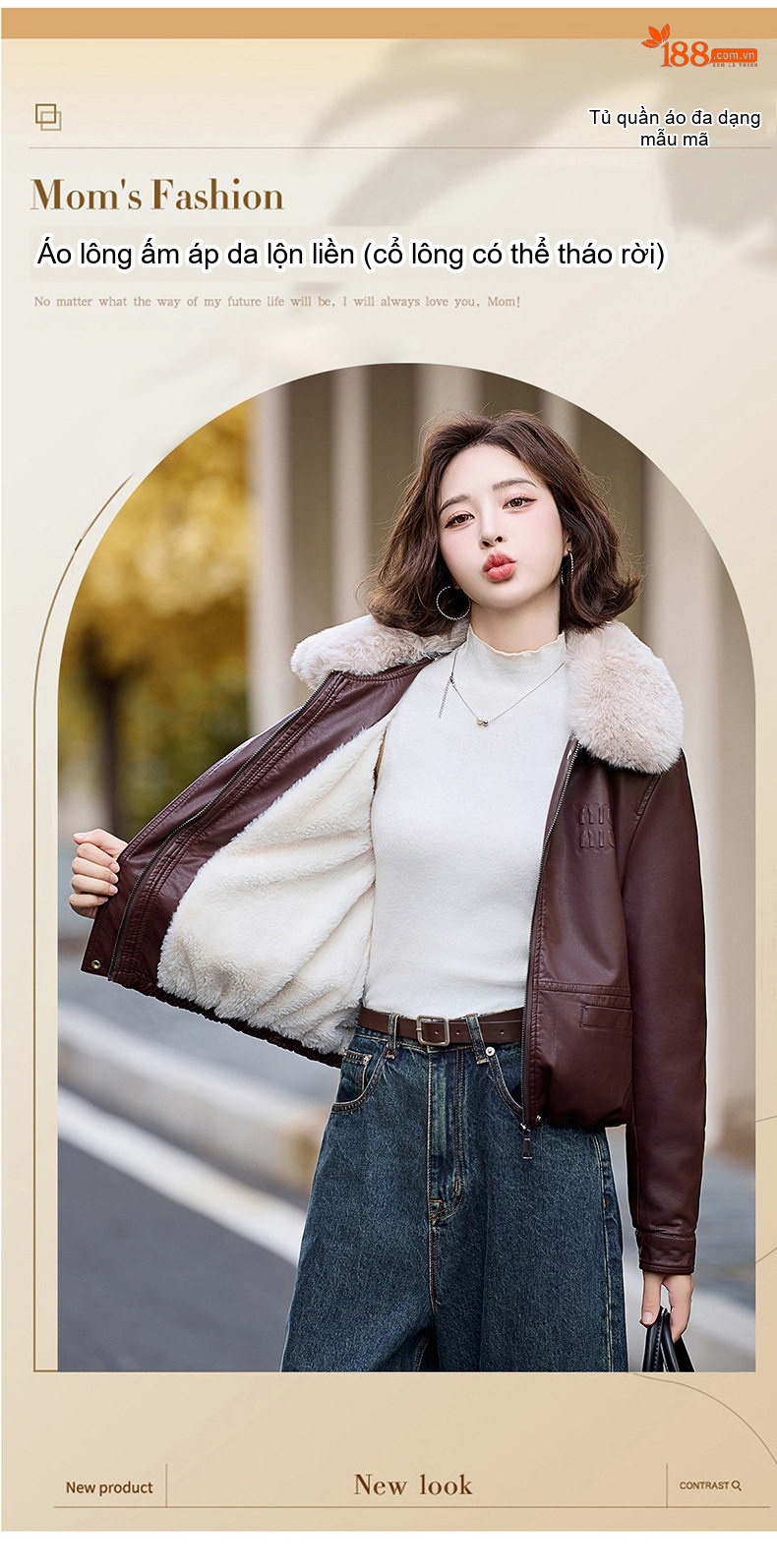 Áo Khoác Da PU Nữ Cổ Lông Dày Dặn Kiểu Bomber Màu Đen, Nâu, Đỏ chi tiết 1