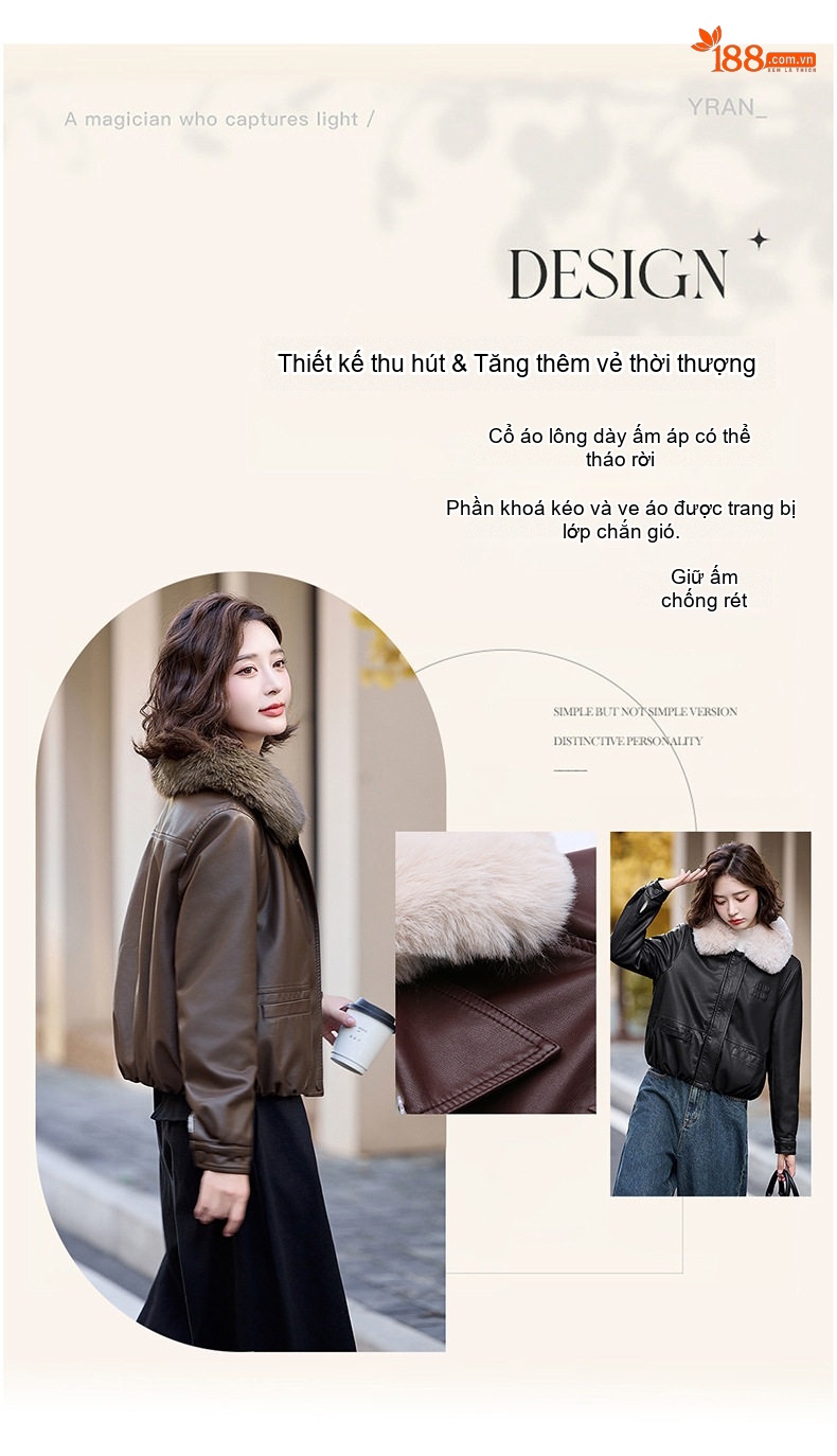 Áo Khoác Da PU Nữ Cổ Lông Dày Dặn Kiểu Bomber Màu Đen, Nâu, Đỏ chi tiết 3