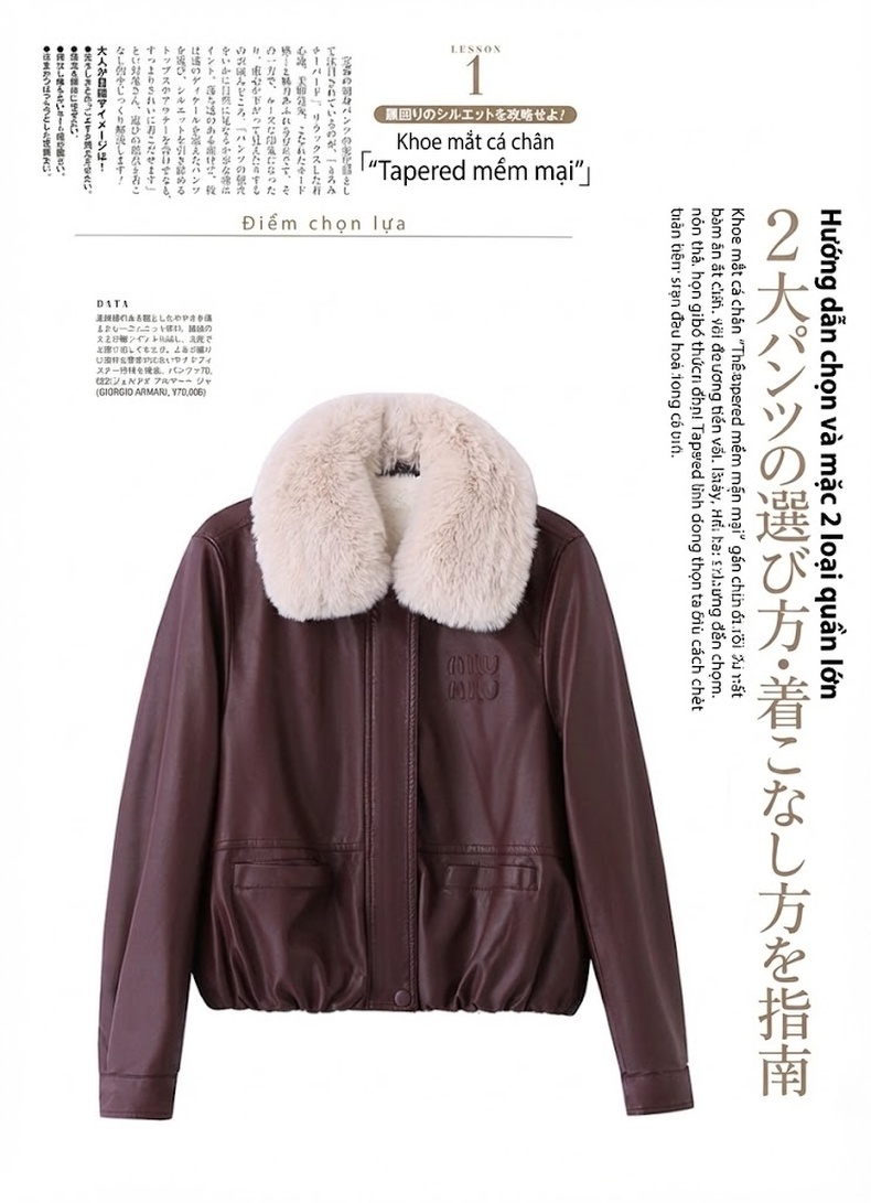 Áo Khoác Da PU Nữ Cổ Lông Dày Dặn Kiểu Bomber Màu Đen, Nâu, Đỏ chi tiết 4