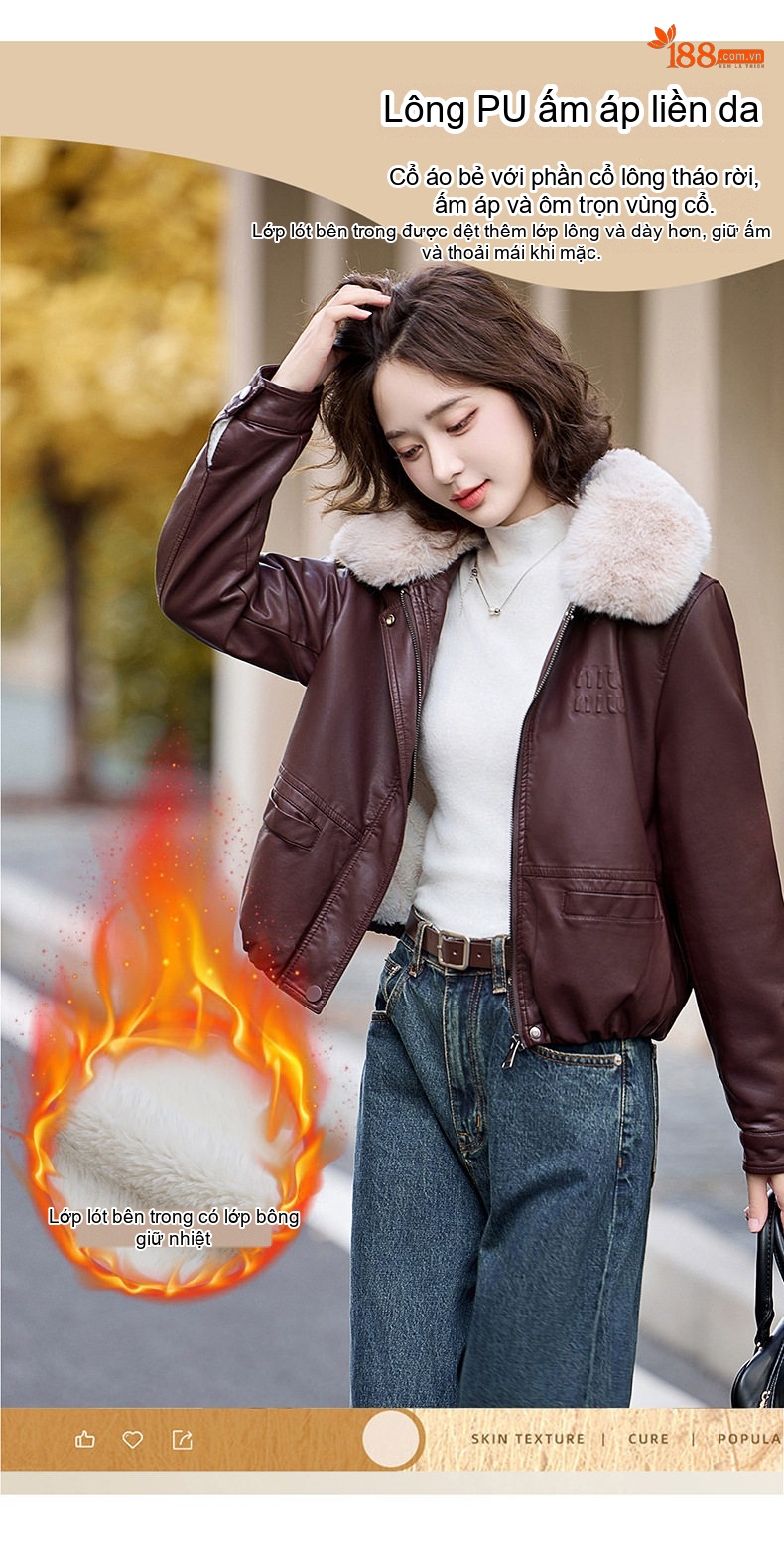 Áo Khoác Da PU Nữ Cổ Lông Dày Dặn Kiểu Bomber Màu Đen, Nâu, Đỏ chi tiết 5