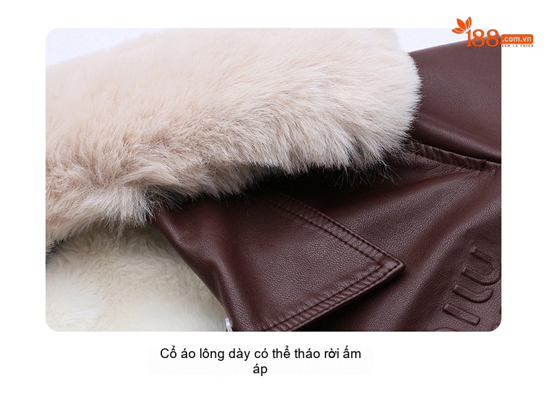 Áo Khoác Da PU Nữ Cổ Lông Dày Dặn Kiểu Bomber Màu Đen, Nâu, Đỏ chi tiết 7