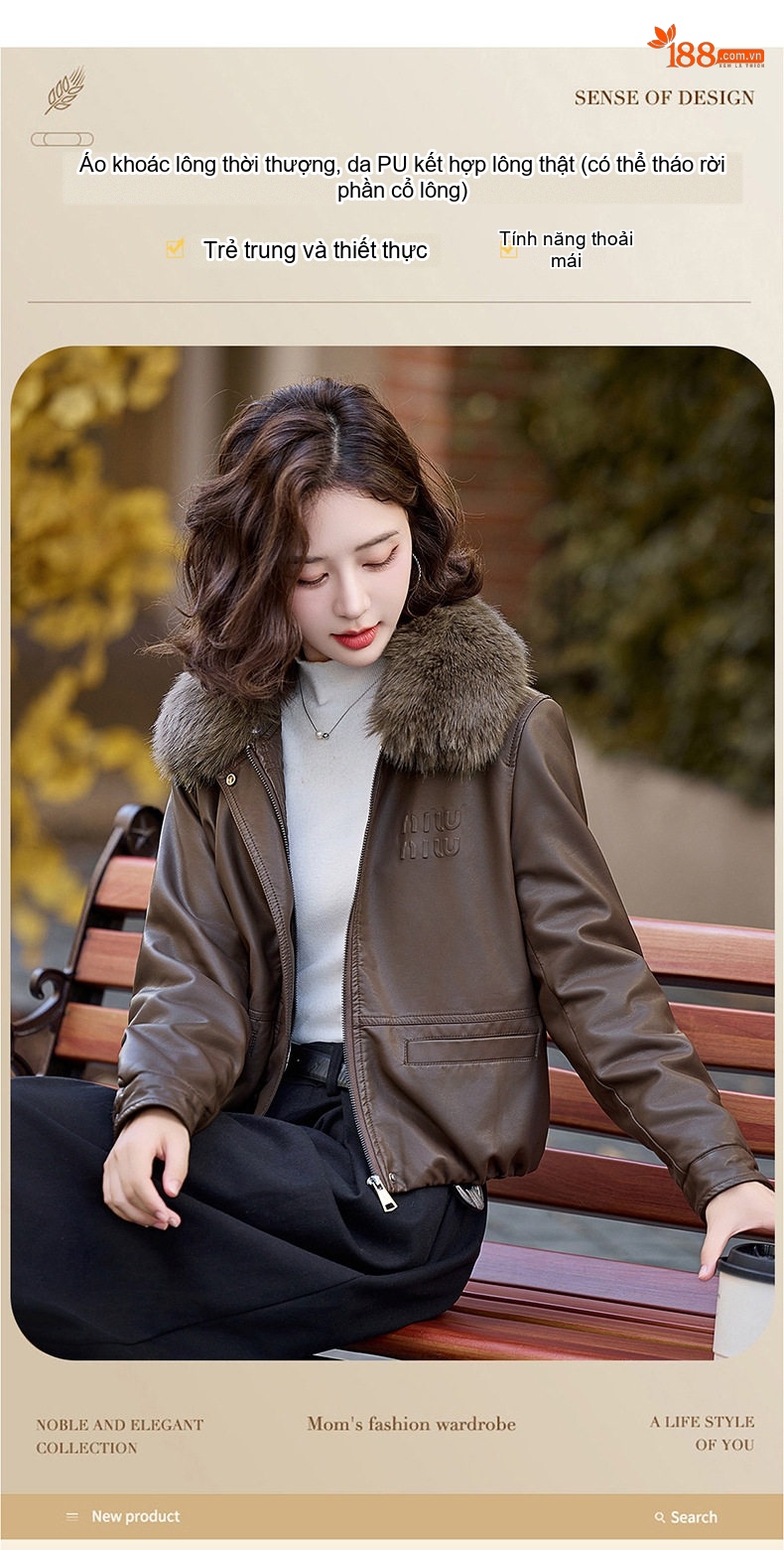 Áo Khoác Da PU Nữ Cổ Lông Dày Dặn Kiểu Bomber Màu Đen, Nâu, Đỏ chi tiết 8