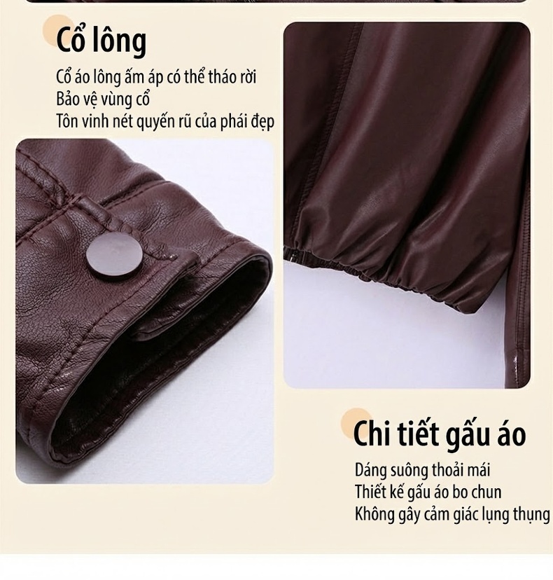 Áo Khoác Da PU Nữ Cổ Lông Dày Dặn Kiểu Bomber Màu Đen, Nâu, Đỏ chi tiết 10