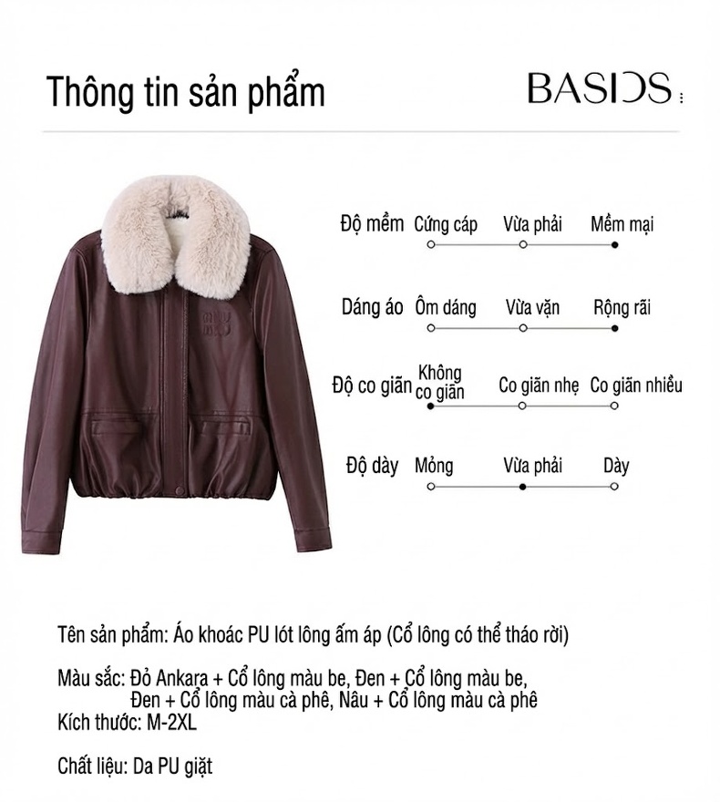 Áo Khoác Da PU Nữ Cổ Lông Dày Dặn Kiểu Bomber Màu Đen, Nâu, Đỏ chi tiết 12