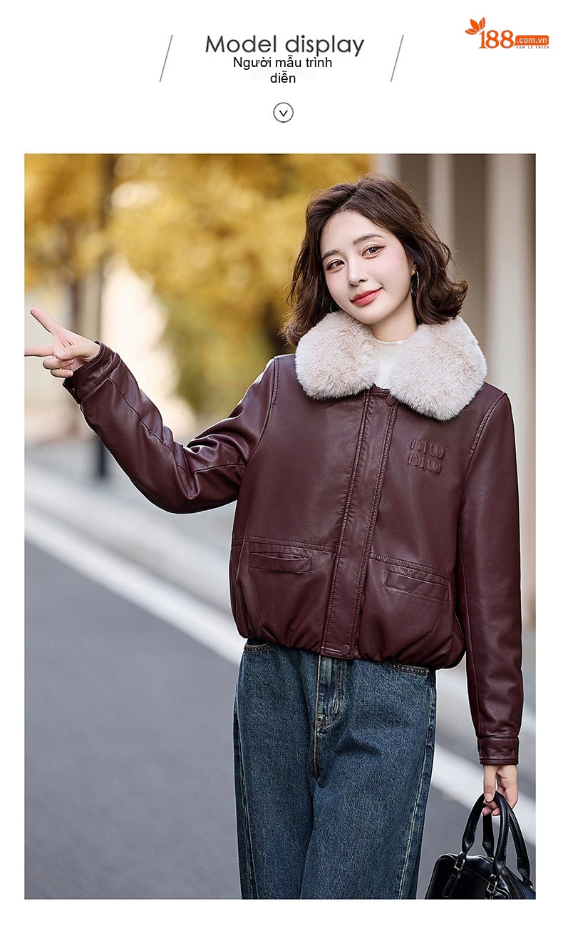 Áo Khoác Da PU Nữ Cổ Lông Dày Dặn Kiểu Bomber Màu Đen, Nâu, Đỏ chi tiết 14